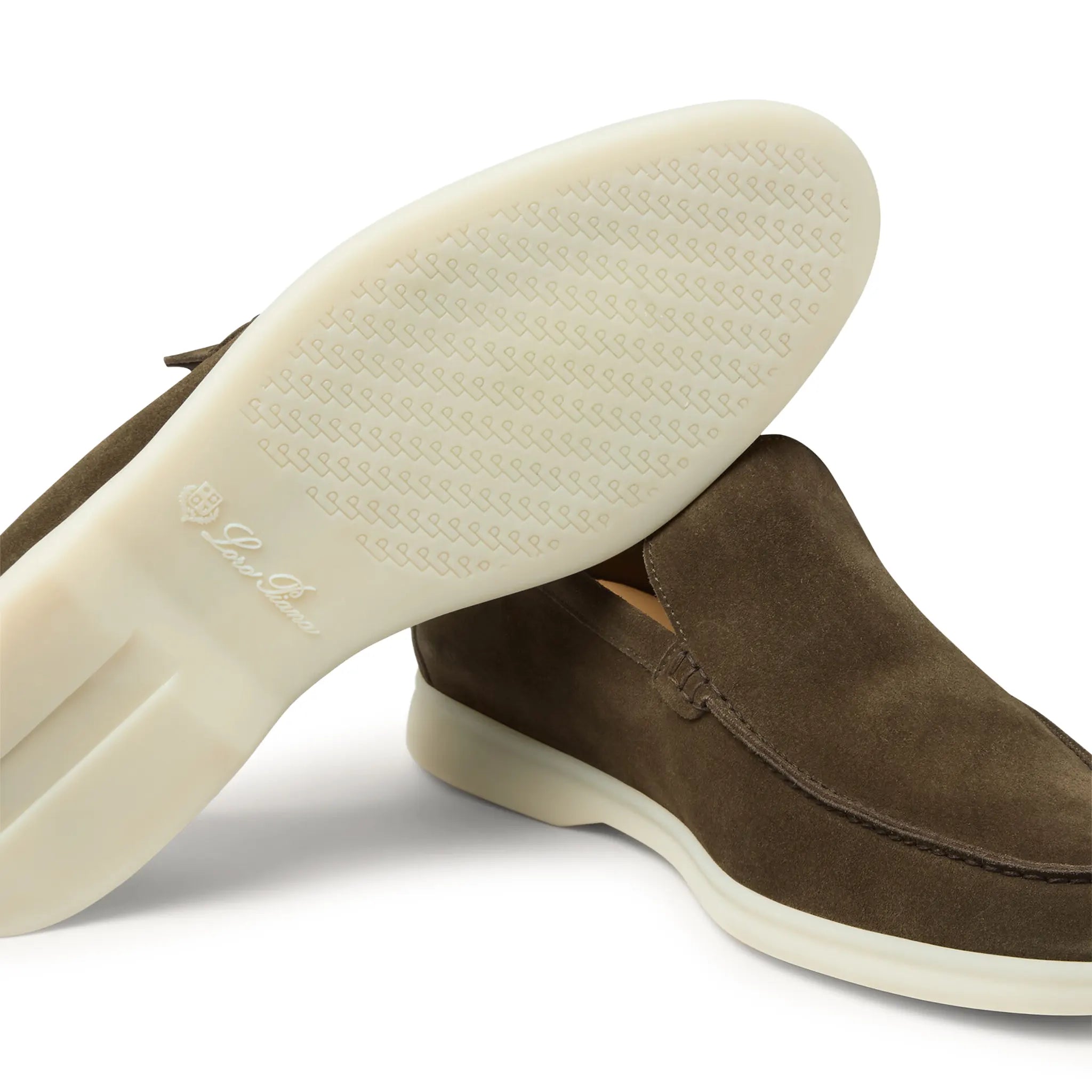 Sole Side View of Loro Piana Summer Walk Suede Grey Moss Loafers FAE8124_M0XH